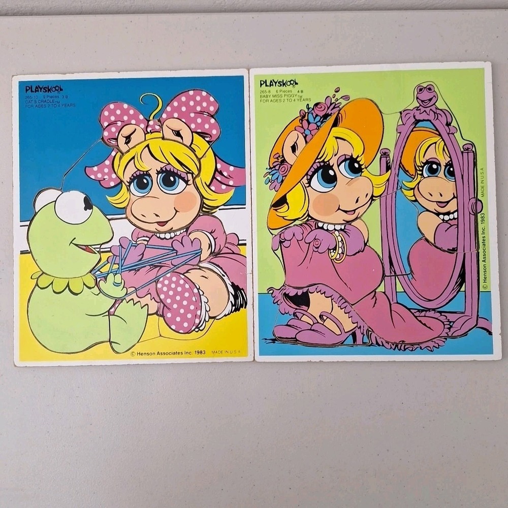 2x VINTAGE 1983 Jim Henson Muppet Babies BABY KERMIT PLAYSKOOL WOODEN PUZZLE